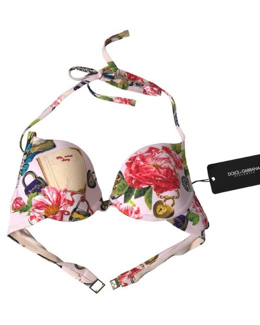 Dolce & Gabbana Red Pink Floral Halter Beachwear Swimwear Bikini Top