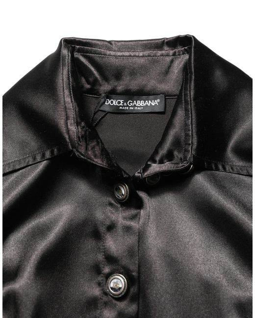 Dolce & Gabbana Black Satin Long Puff Sleeves Pleated Dress