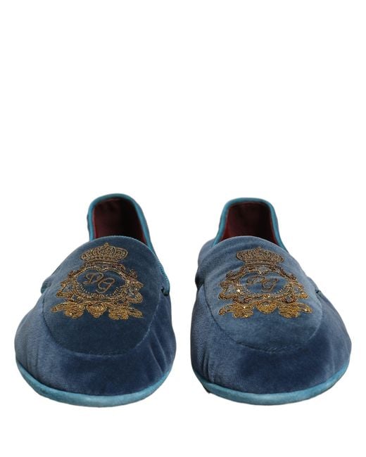 Dolce & Gabbana Blue Velvet Crown Embroidery Loafers Shoes for men