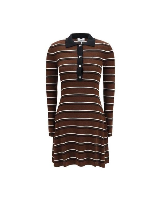 Ganni Brown Striped Wool Polo Dress