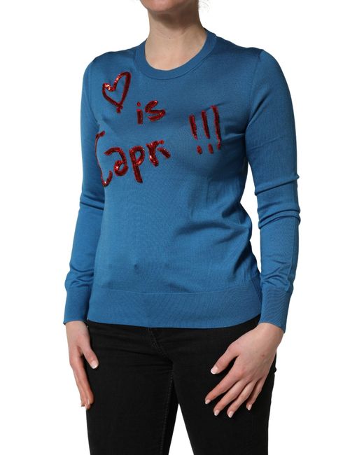 Dolce & Gabbana Blue Silk Sequined Crewneck Pullover Sweater