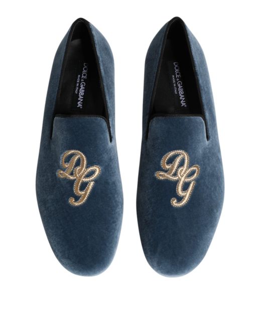 Dolce & Gabbana Blue Velvet Dg Logo Loafers Formal Shoes for men