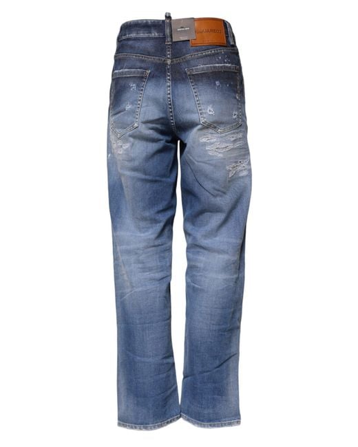 DSquared² Blue Tattered Cotton Mid Waist Straight Denim Jeans for men