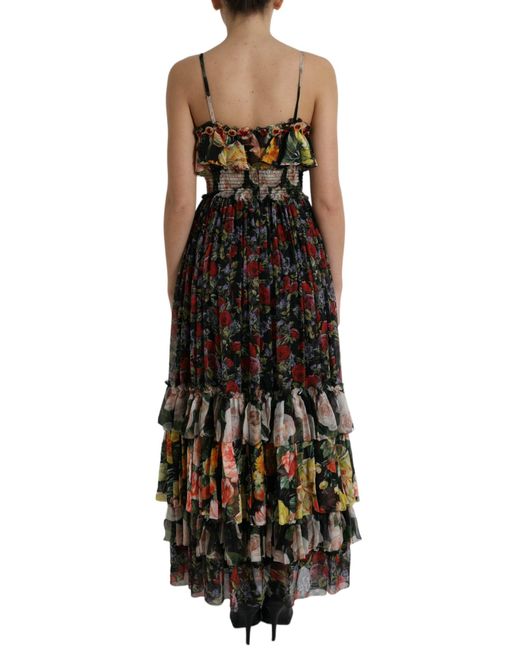 Dolce & Gabbana Black Multicolor Floral Chiffon Tiered Maxi Dress
