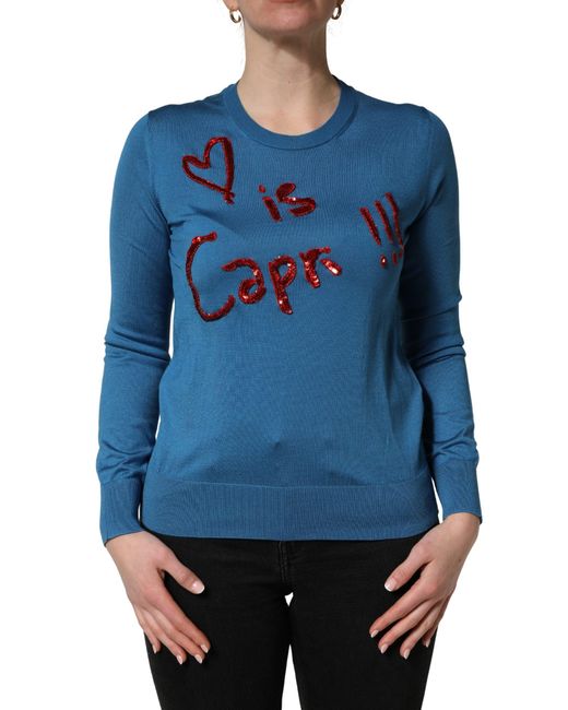 Dolce & Gabbana Blue Silk Sequined Crewneck Pullover Sweater