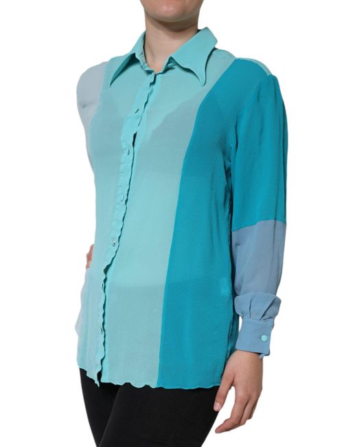 Dolce & Gabbana Blue Multicolor Long Sleeve Button Blouse Top