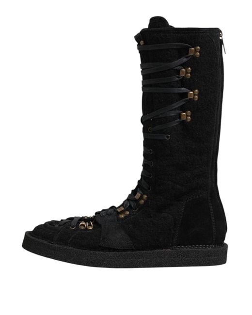 Dolce & Gabbana Black Alpaca Wool Suede Mid Calf Boots Shoes for men