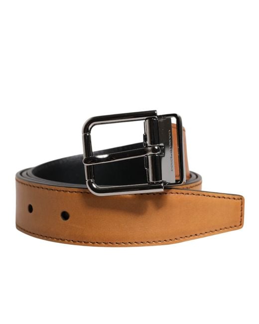 Dolce & Gabbana Black Brown Classic Calf Leather Silver Buckle Belt for men