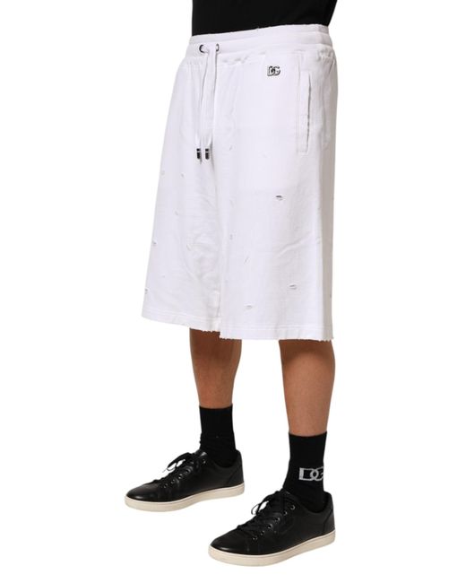 Dolce & Gabbana White Distressed Drawstring Shorts for men
