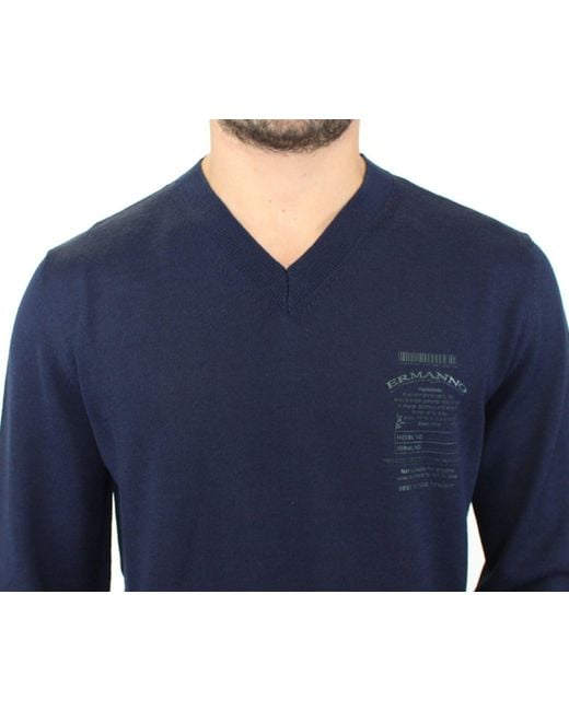 Ermanno Scervino Blue Elegant V-Neck Wool Blend Pullover for men
