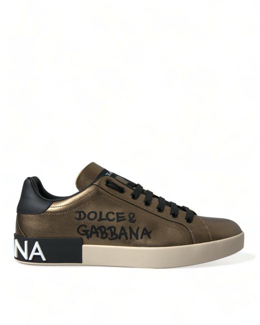 Dolce & Gabbana Brown Bronze Leather Portofino Logo Men Sneakers Shoes for men