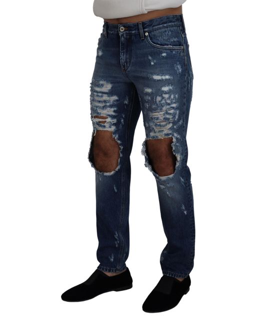Dolce & Gabbana Blue Cotton Tattered Denim Jeans for men