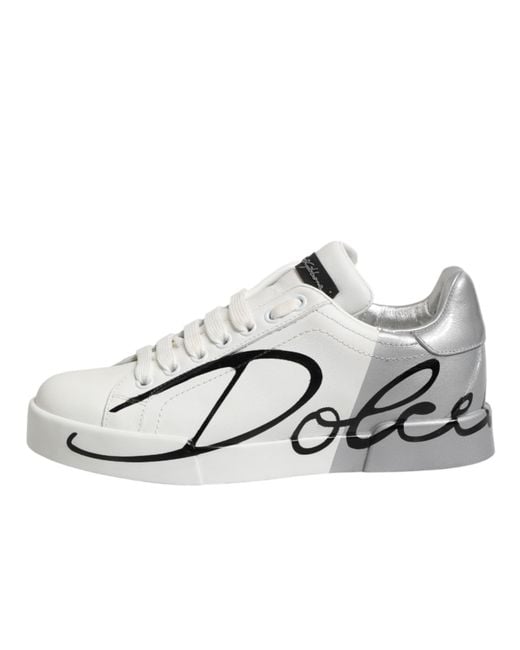 Dolce & Gabbana White Gray Low Top Leather Sneaker Shoes