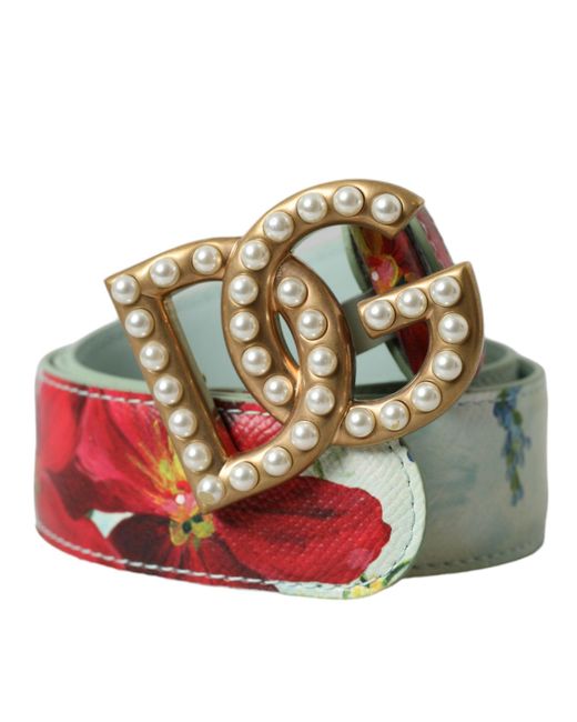 Dolce & Gabbana Red Floral Leather Dg Logo Buckle Belt