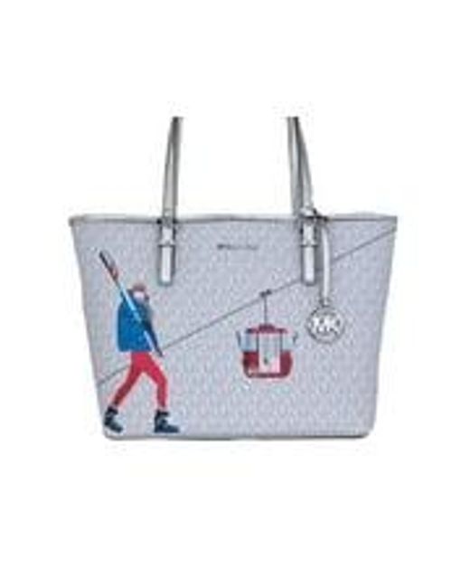 Michael Kors Blue Jet Set Travel Girls Medium Signature Carryall Tote White Mk