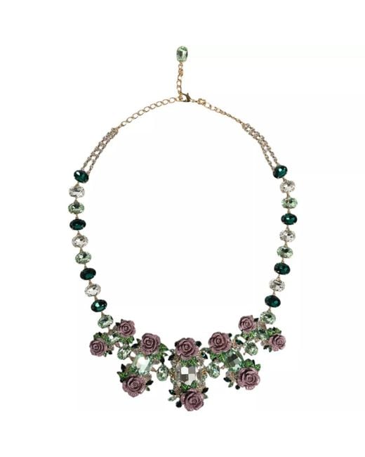 Dolce & Gabbana Green Brass Link Chain Rose Petal Crystal Necklace