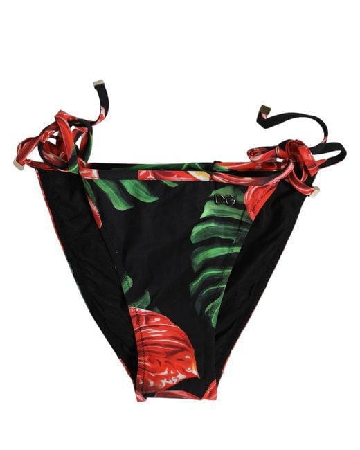 Dolce & Gabbana Red Black Floral Print Nylon Beachwear Bikini Bottom
