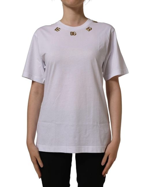 Dolce & Gabbana White Cotton Gold Dg Logo Crew Neck T