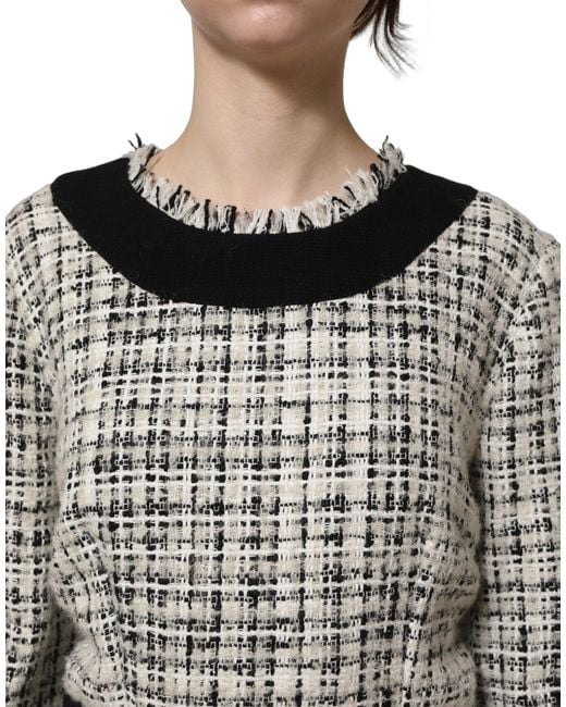Dolce & Gabbana Gray Multicolor Bouclé Tweed Frayed Trim Midi Dress