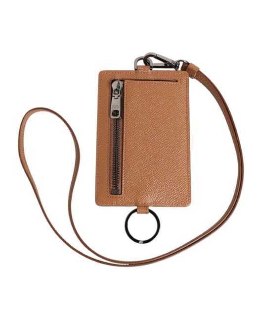Dolce & Gabbana White Dark Brown Leather Lanyard Logo Card Holder Men Wallet for men
