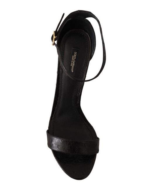 Dolce & Gabbana Black Elegant Ostrich Leather Ankle Strap Heels