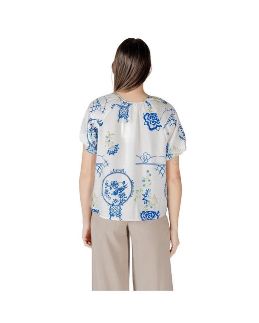 Ichi Blue White Viscose Shortsleeve Shirt