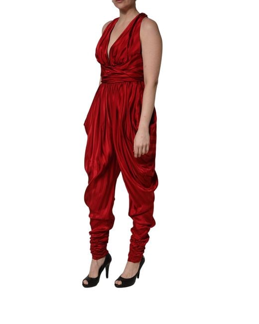 Dolce & Gabbana Red Plunging Halterneck Draped Jumpsuit Dress