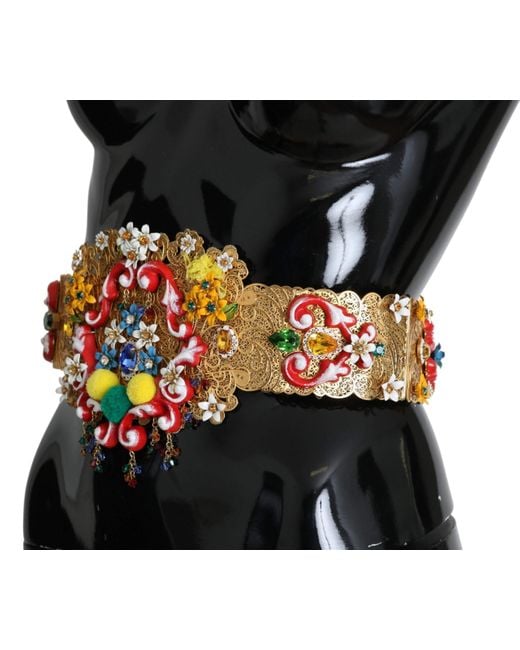 Dolce & Gabbana Black Golden Floral Crystal Embellished Waist Belt