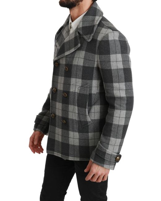 Dolce & Gabbana Black Elegant Check Double Breasted Coat for men