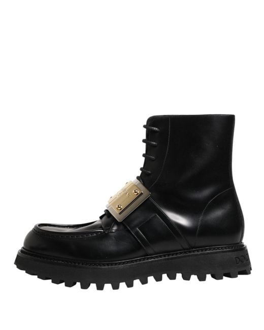 Dolce & Gabbana Black Leather Dg Plaque Lace Up Boots Shoes for men