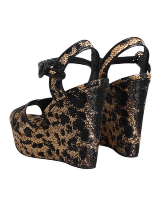 Dolce & Gabbana Black Brown Leopard Wedges Ankle Strap Sandals Shoes