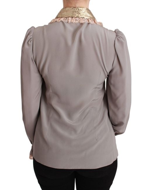 Dolce & Gabbana Brown Silk Gold Sequin Lace Blouse Shirt