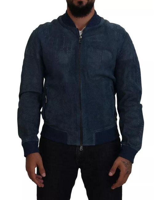 Dolce & Gabbana Blue Leather Perforated Full Zip Jacket for men