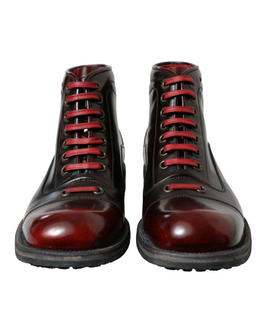 Dolce & Gabbana Brown Black Red Leather Lace Up Ankle Boots Shoes for men