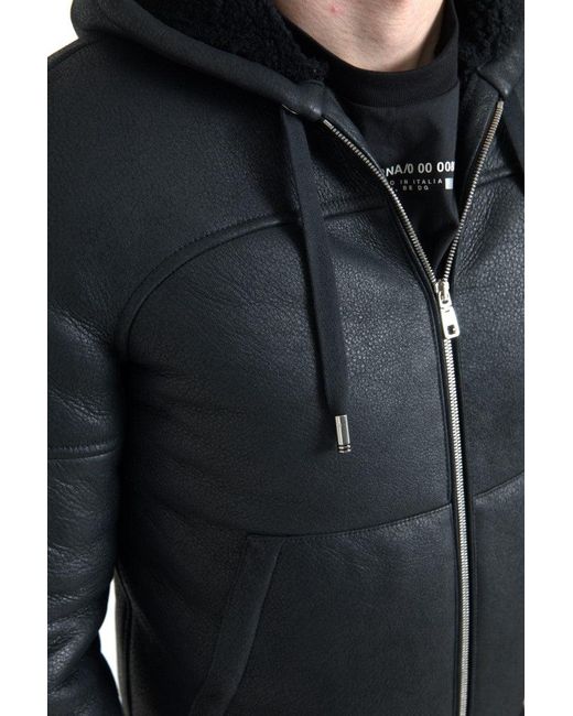 Dolce & Gabbana Black Leather Full Zip Hoodedjacket for men