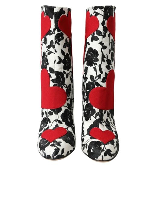 Dolce & Gabbana Red Floral Hearts Leather High Boots Shoes