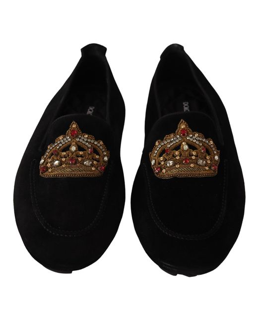 Dolce & Gabbana Black Dolce Gabbana Leather Crystal Gold Crown Loafers Shoes for men