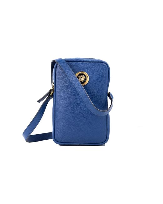 Versace Blue Mini Grainy Leather Medusa Pendant Crossbody Bag