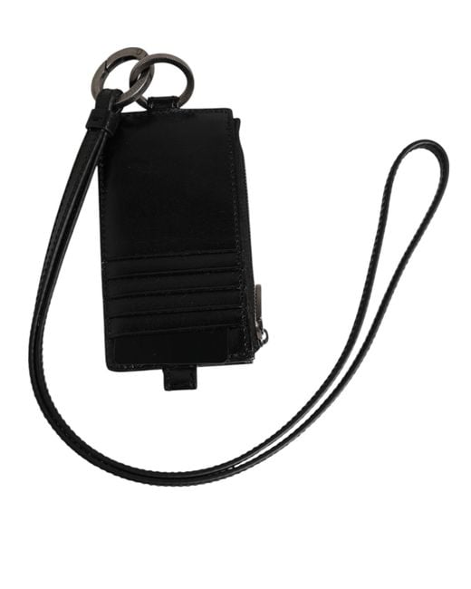 Dolce & Gabbana Black Leather Logo Embossed Lanyard Card Holder Wallet for men