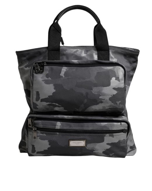 Dolce & Gabbana Black Gray Camo Cotton Multiple Compartments Tote Bag for men