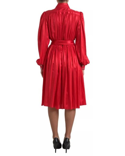 Dolce & Gabbana Red Button Down Belted Midi Satin Silk Dress