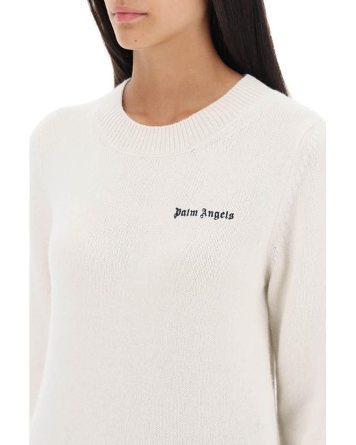 Palm Angels White Cropped Sweater With Logo Embroidery