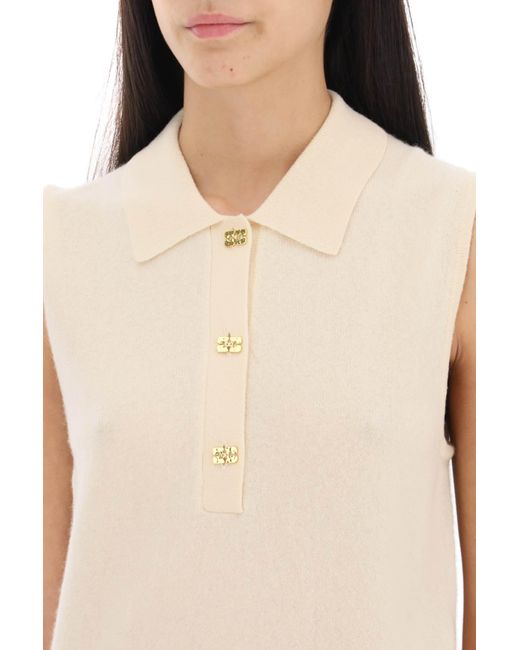 Ganni Natural Sleeveless Polo Shirt In Wool And Cashmere