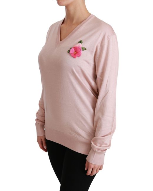 Dolce & Gabbana Pink Floral Embellished Silk Sweater