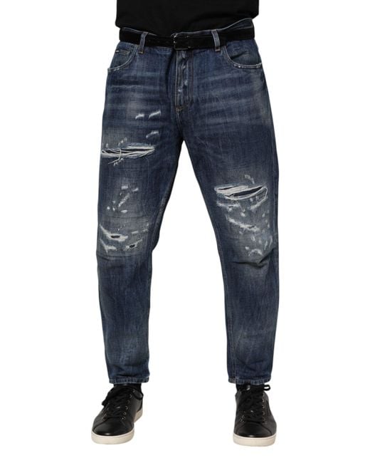 Dolce & Gabbana Blue Cotton Tattered Tapered Men Denim Jeans for men