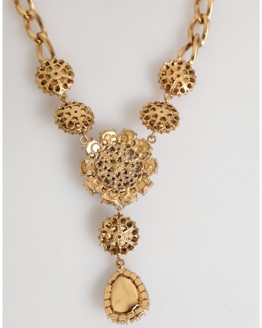 Dolce & Gabbana White Brass Crystal Pearl Floral Pendant Jewelry Necklace