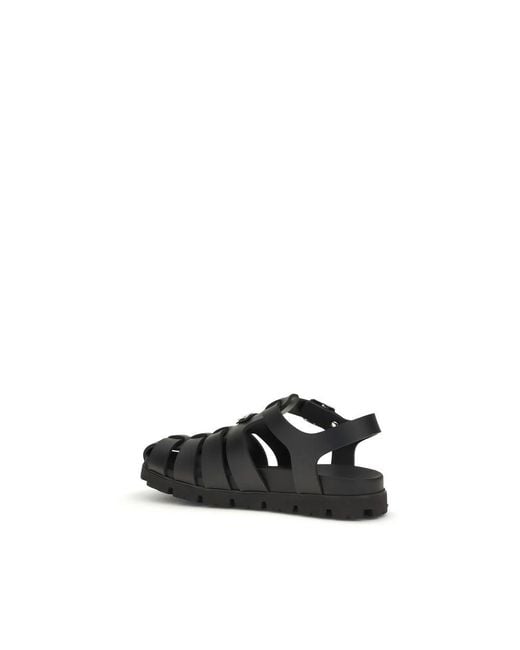 Prada Black Calf Leather Bos Taurus Flat Sandals for men