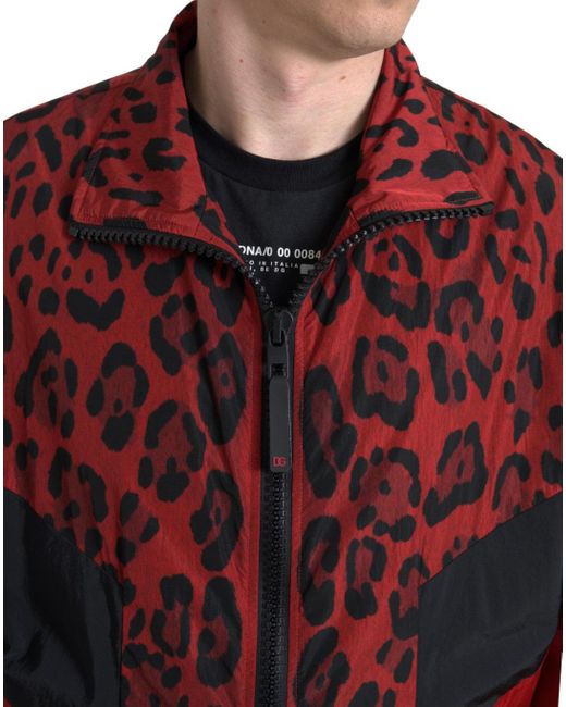 Dolce & Gabbana Red Leopard Nylon Full Zip Sweater for men