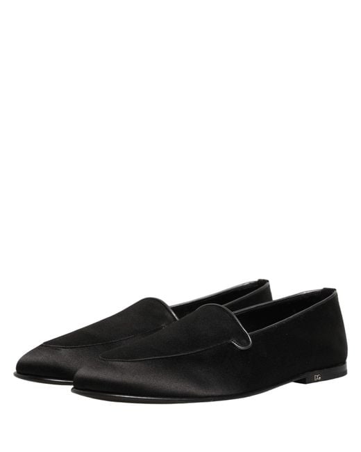 Dolce & Gabbana Black Satin Logo Slip On Flats Loafers Shoes for men