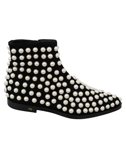 Dolce & Gabbana Black Suede Pearl Studs Boots Shoes